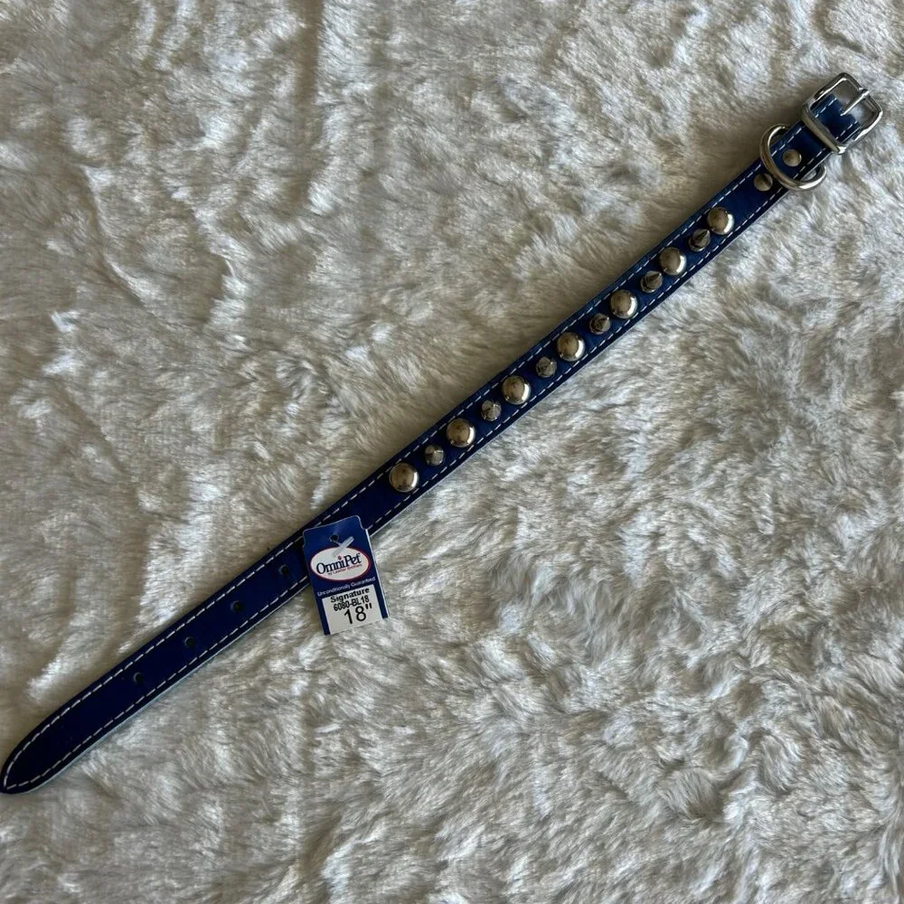 NWT OmniPet Signature Blue Leather Studded Dog Collar 18